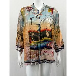 Citron Santa Monica Top Womens Large Blue Tan Japanese Crane Oriental Artsy Boho
